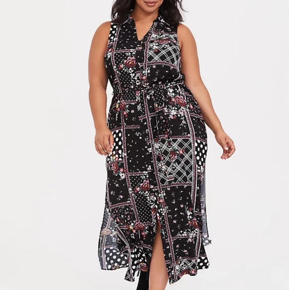 Black Patchwork Challis Maxi Shirt Dress
